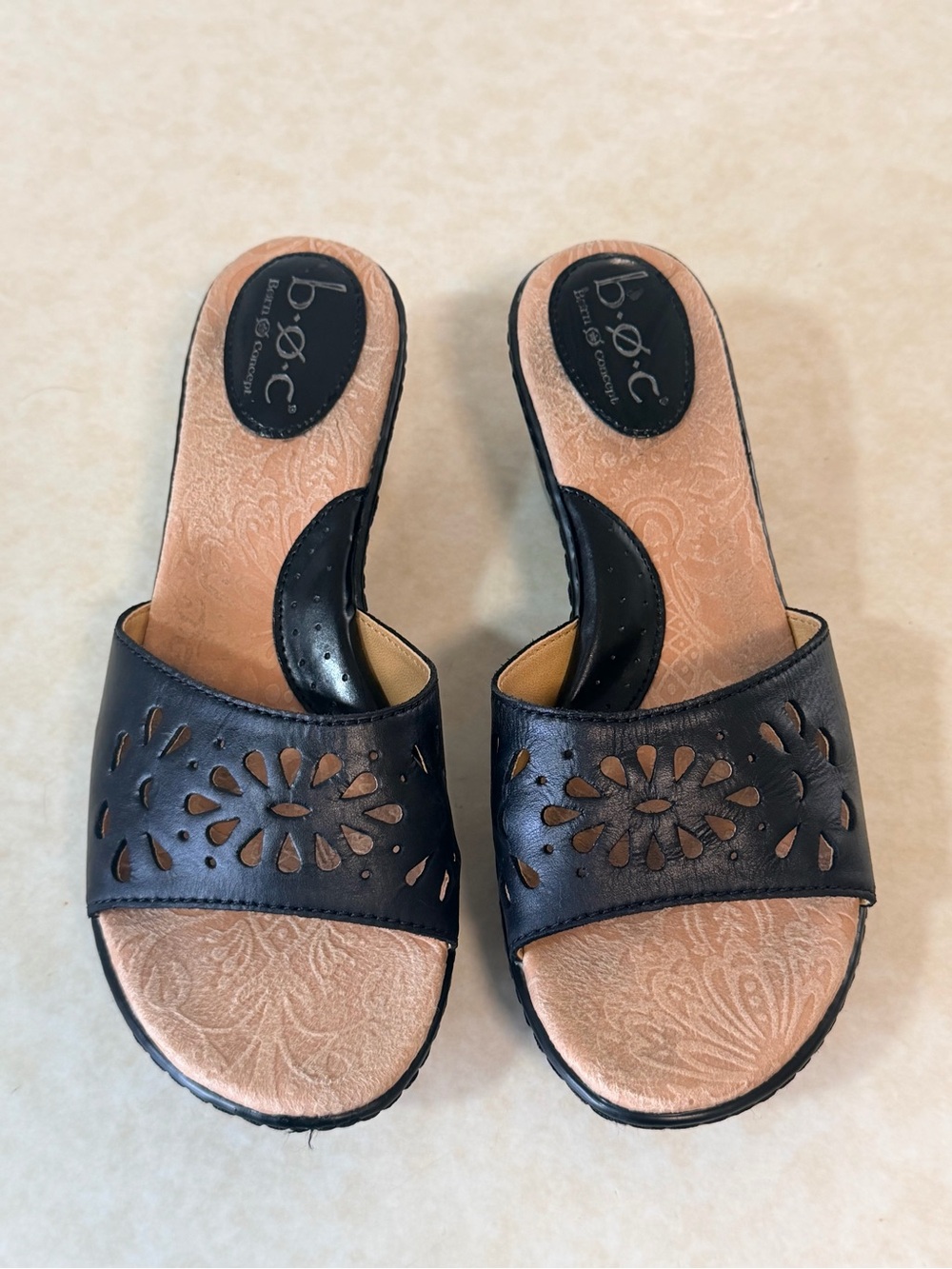 b.o.c. Black Laser-Cut Slide Sandals